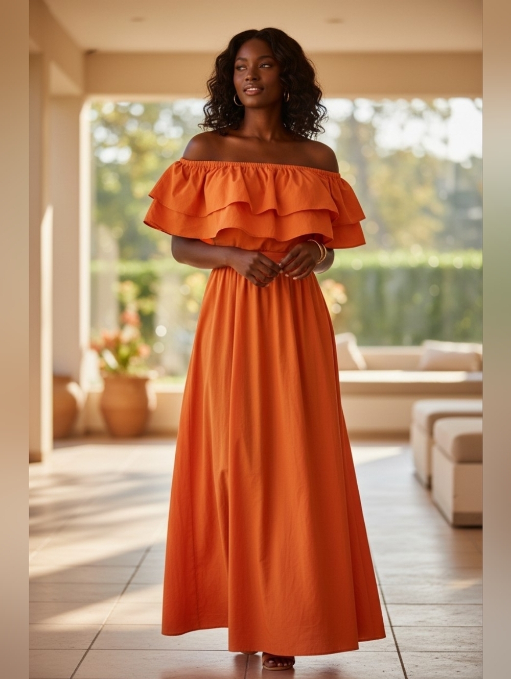 SHEIN Orange Off Shoulder Ruffle Maxi Dress Bow Tie Waist Cottagecore Size M/6